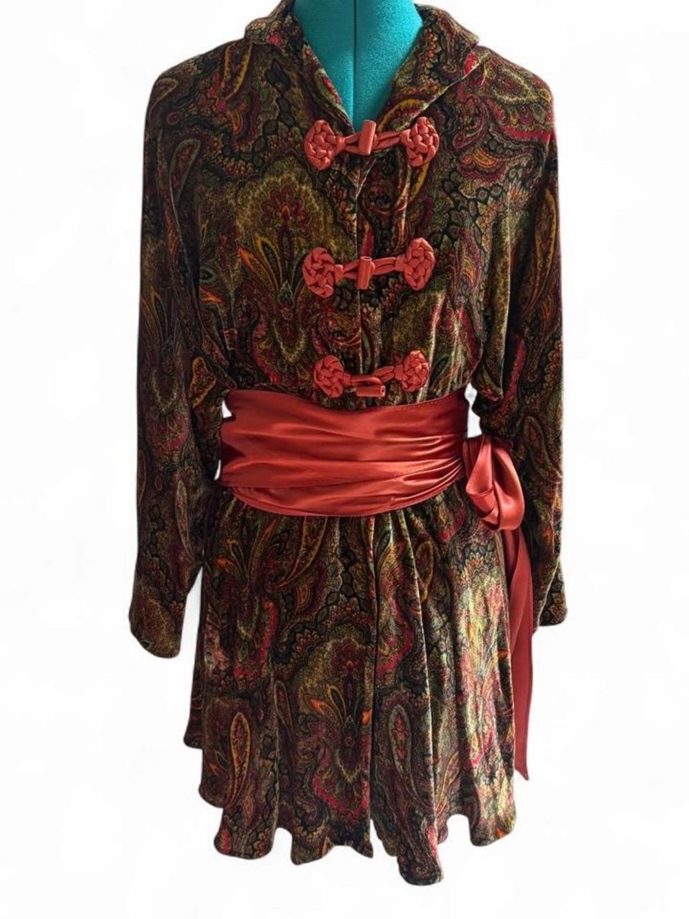 Vintage, Paisley Print Long Sleeve, Velvet ,  Tunic Dress  with Red Sash